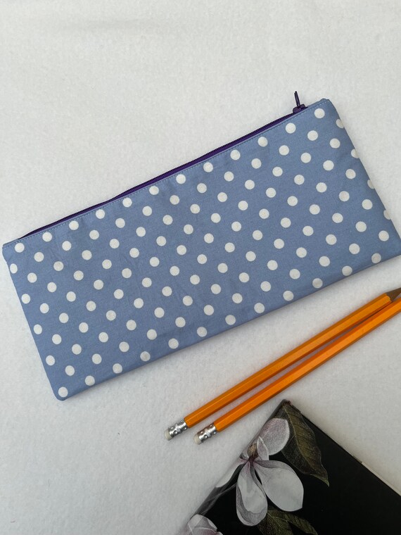 Polka Dot on Pale Blue Fabric Pencil Case, Back to School Pencil Case,  Water Resistant Lined Pouch, School Pencil Case, College Stationery 