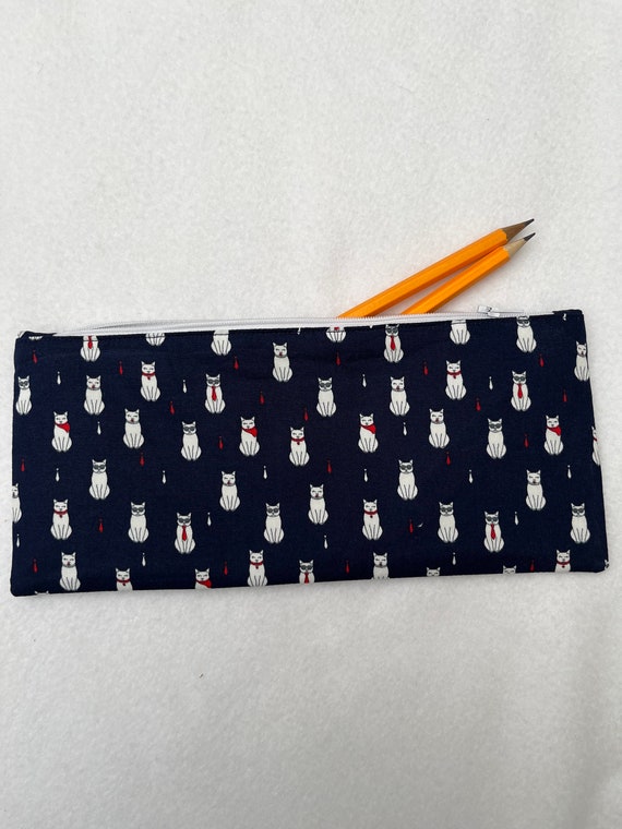 Cool Cats on Navy Blue Fabric Pencil Case, Back to School Pencil Case,  Water Resistant Lined Pouch, School Pencil Case, College Stationery 