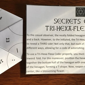 Puede incluir: Un hexágono de papel blanco con números y letras impresos en él. El hexágono está doblado de una manera que revela tres lados. El texto "SECRETS OF THE TRI-HEXA-FLEXA CODER" está impreso en una tarjeta blanca junto al hexágono.