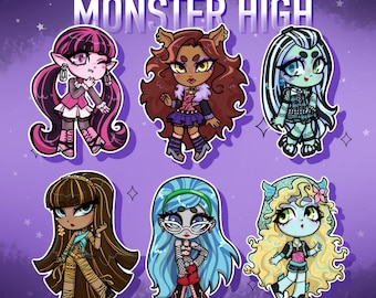 May include: Illustration featuring six chibi-style Monster High characters on a purple background with stars. The characters have unique hairstyles and outfits, including a vampire, werewolf, and zombie. The text "MONSTER HIGH" is at the top.