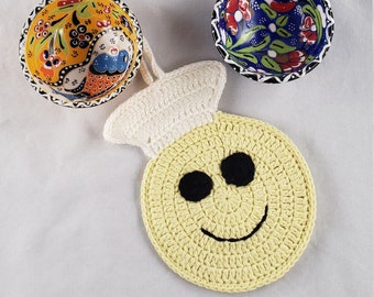 100% Handmade, Crochet Pot Holder / Hot Pad, Yellow White and Black, Decorative Chef Face with Hanging Loop