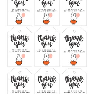 May include: Nine white thank you tags with a black and white illustration of a bunny holding a pink balloon. The text on the tags reads "thank you" and "for coming to Sloane's birthday!"