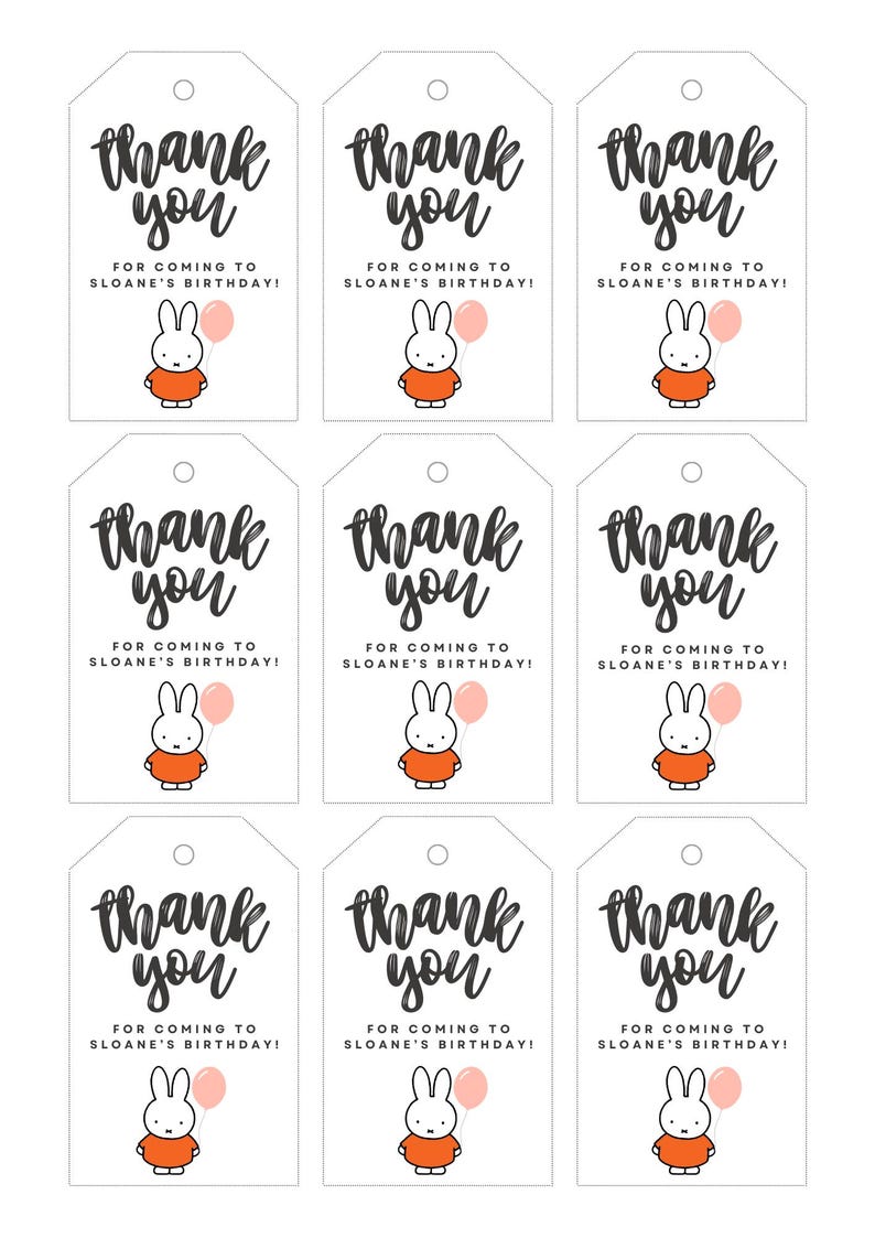 May include: Nine white thank you tags with a black and white illustration of a bunny holding a pink balloon. The text on the tags reads "thank you" and "for coming to Sloane's birthday!"