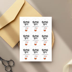 May include: Nine white gift tags with black text that says "Thank You" and a small illustration of a white bunny wearing an orange dress and holding a pink balloon. The text below the bunny says "You are coming to [Name]'s Birthday!"
