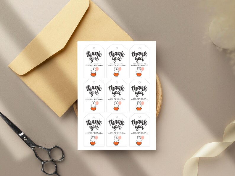 May include: Nine white gift tags with black text that says "Thank You" and a small illustration of a white bunny wearing an orange dress and holding a pink balloon. The text below the bunny says "You are coming to [Name]'s Birthday!"