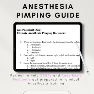 May include: A white tablet with a pink and black graphic on the screen. The graphic features the text "A Couple Nurses - Ultimate Anesthesia Pimping Guide". The text on the screen is "Gas Pass (Self Quiz) Ultimate Anesthesia Pimping Document". The screen also features a list of multiple choice questions. The tablet is on a white background with a white stylus next to it.