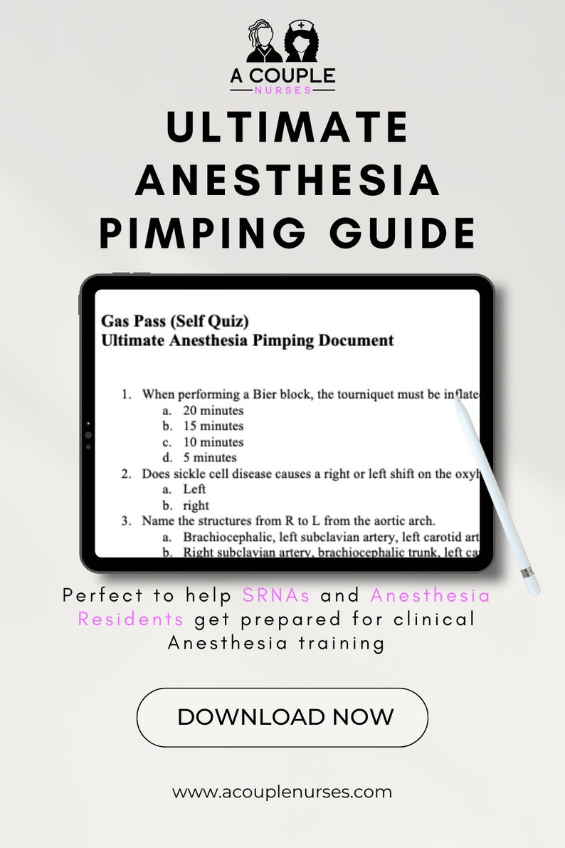 May include: A white tablet with a pink and black graphic on the screen. The graphic features the text "A Couple Nurses - Ultimate Anesthesia Pimping Guide". The text on the screen is "Gas Pass (Self Quiz) Ultimate Anesthesia Pimping Document". The screen also features a list of multiple choice questions. The tablet is on a white background with a white stylus next to it.