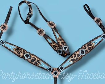 Premium Alba Teal Cheetah Breast Collar Headstall Set