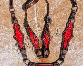 Red Crocodile Tack Set: Horse Headstall & Breast Collar