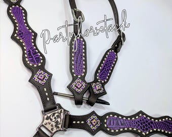 High Quality Premium Purple Embossed Crocodile Headstall BreastCollar Set- READY to ship