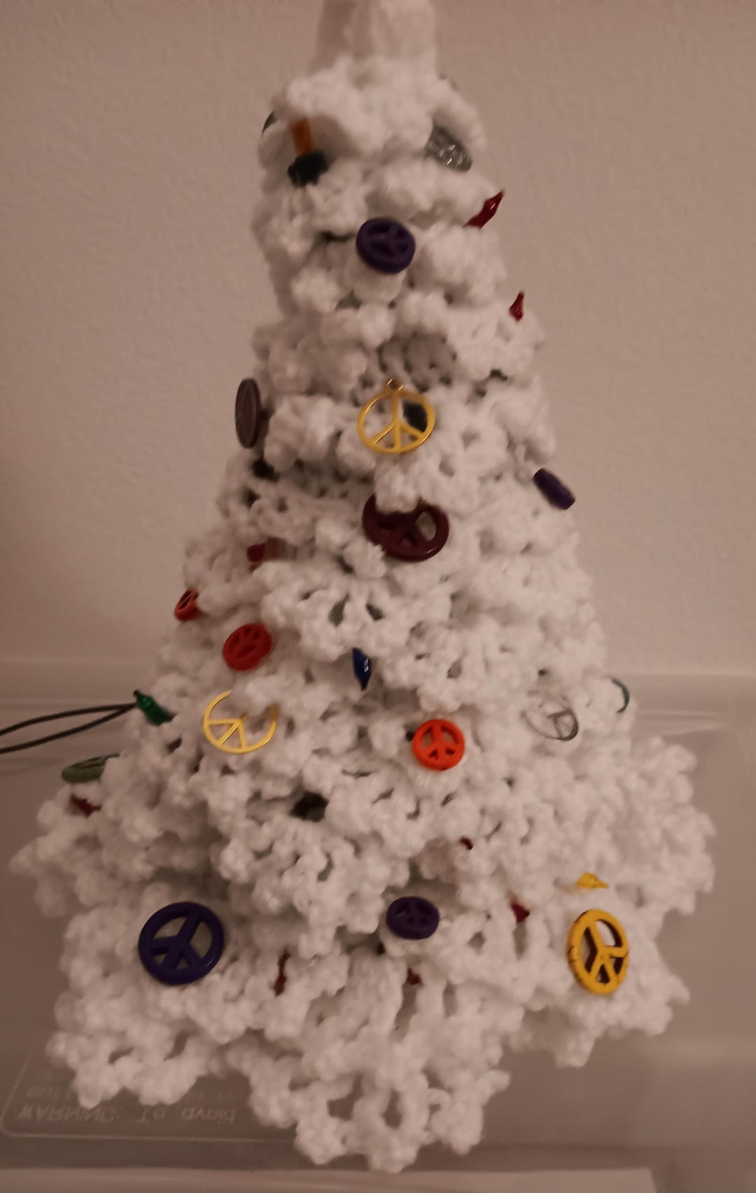 White Crocheted Christmas Tree With Multi Color LED Lights and Peace