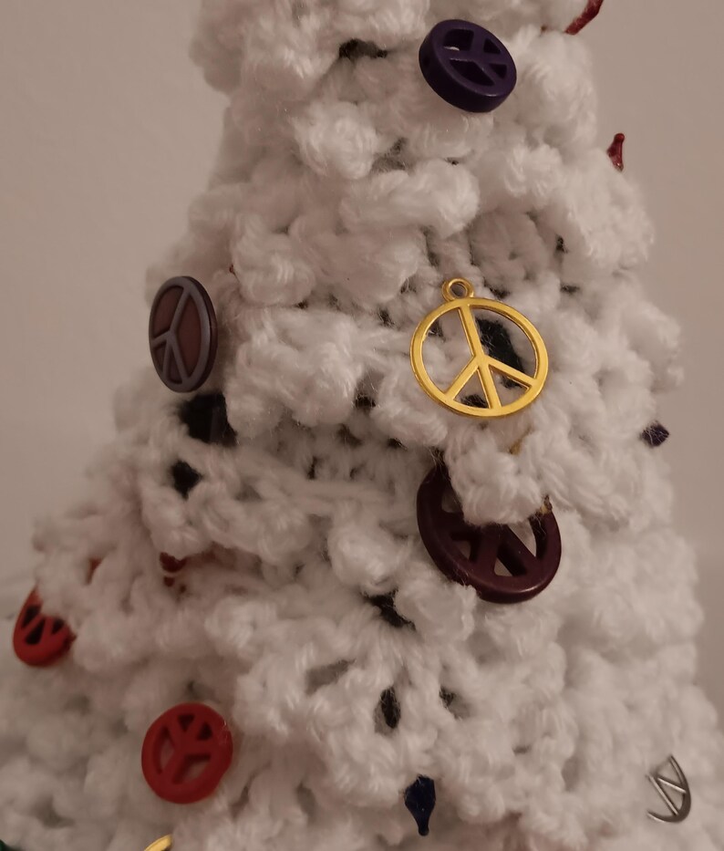 White Crocheted Christmas Tree With Multi Color LED Lights and Peace