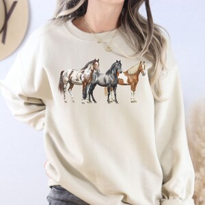 May include: A beige sweatshirt with a graphic print of three horses standing side by side. The horses are brown, black, and white.