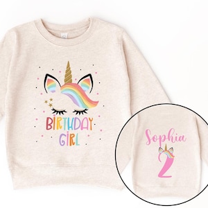 Unicorn birthday Kids Sweatshirt - Custom Name Youth Hoodie - Personalized Age - Birthday Girl Outfit - Party Toddler Sweater