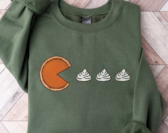 Pacman Pie herfstsweater, vintage pompoentaart hoodie, pompoentaart en slagroom trui, pompoen patch trui, Pumpkin Lover cadeau
