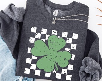 Retro Shamrock Sweatshirt - Checkered Shamrock - Lucky Hoodie - Lucky Shamrock - Retro Clover Sweater - Patrick’s Day Gift - Irish Hoodie