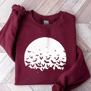 Swarm Of Bats In The Moonlight Sweatshirt, Flying Bats and Full Moon Hoodie, Spooky Vibes Sweater, Halloween Bats Hoodie, Halloween Gift