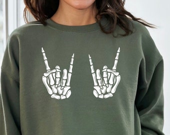 Rock On Skeleton Hands Halloween Sweatshirt, Skeleton Hands Hoodie, Rock Skeleton Outfit, Halloween Gift for Friends, Halloween Party Hoodie