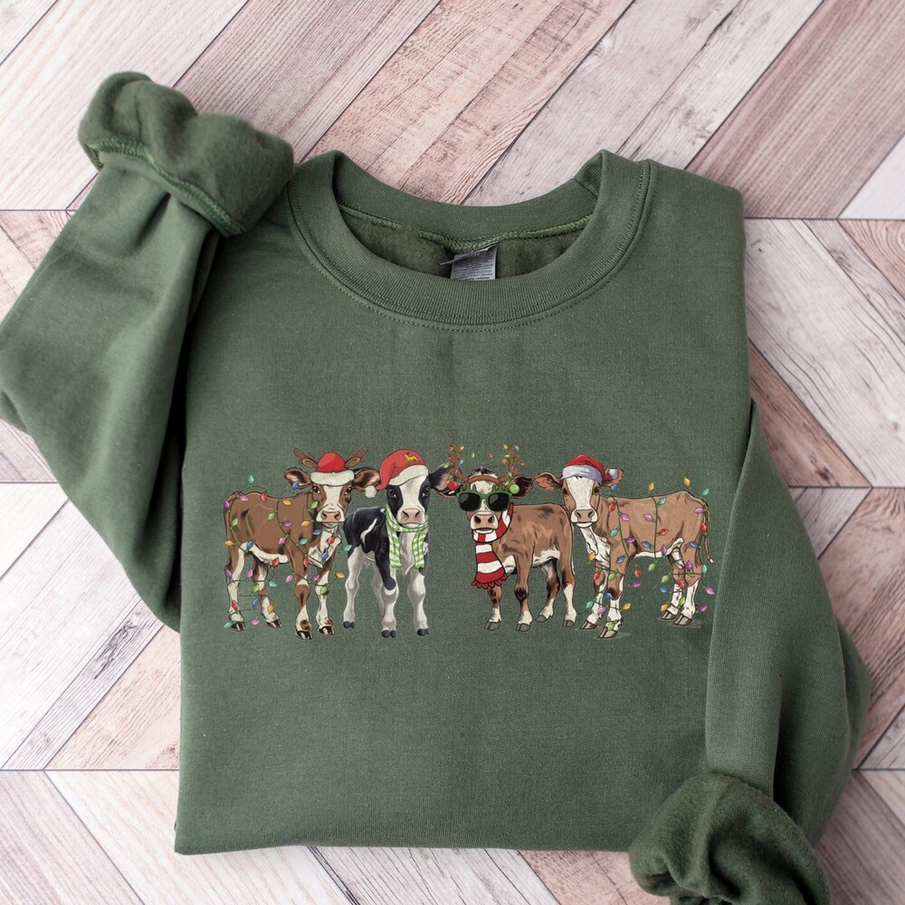 Christmas Cow Sweatshirt, Cow Hoodie, Cow Lover Gift, Christmas Animal Sweater, Xmas Gifts, Funny Christmas Sweatshirt, Cow Santa Sweatshirt Livingmall
