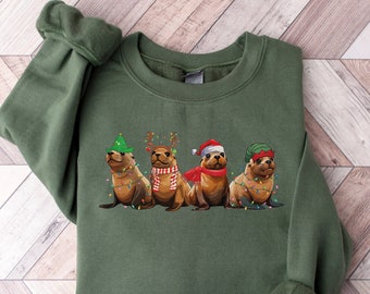 Sea Lions Christmas Lights Sweatshirt, Cute Christmas Animals Sweater, Monk Seal Hoodie, Animal Lover, Winter Sweatshirt, Xmas Sea Lion Gift
