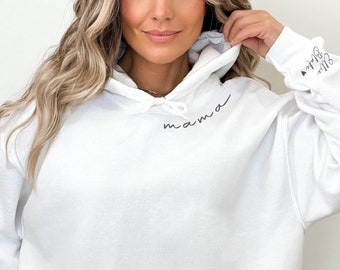 Gepersonaliseerde mama-sweatshirt of hoodie met mouw voor kindernaam, sweater Moederdagcadeau, sweater kersverse moeder, sweatshirt gepersonaliseerde mama