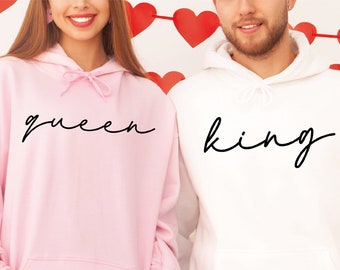 Sudaderas King y Queen, sudaderas con capucha para parejas, cuellos redondos a juego de San Valentín, sudadera con capucha King, sudadera con capucha Queen, sudaderas con capucha King Queen, regalo para ella