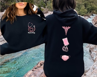 Gepersonaliseerde verpleegkundige sweaters, verpleegkundige hoodies of sweatshirts, verpleegkundige week cadeaus, voor- en achterkant verpleegkundige sweater, cadeau voor verpleegkundige