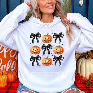 Pumpkin and Bow Sweatshirt - Fall Pumpkin Hoodie - Halloween Gift - Spooky Pumpkin Sweater - Black Bow Fall Hoodie - Jack-O-Lantern Sweater