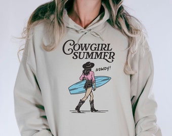 Cowgirl Summer Hoodie or Crewneck - Prezent dla miłośniczki koni dla niej - Bluza Western Beach - Bluza z kapturem Beach Cowgirl - Coastal Cowgirl Crewneck