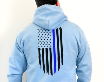 Blue Line Police Flag on The Back, American Police Flag on The Back, Unisex American Flag Sweatshirt or Hoodie, Gift for Him, Gift for Her