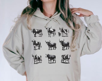 Vintage Cow Sweatshirt - Cow Lover Gift - Cow Drawing Farm Hoodie - Cottage- Core Cow Crewneck - Gift for Farmer - Highland Cow Sweatshirt