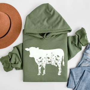 Floral Cow Sweatshirt & Hoodie, Cozy Animal Print Apparel, Trendy Flower Cow Design, Farm Animal Clothing, Cow Print Pullover Hoodie Gift