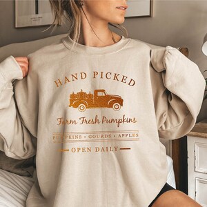 Könnte beinhalten: Ein beiger Pullover mit dem Text "HAND PICKED" und "Farm Fresh Pumpkins" in Orange. Der Pullover hat auch den Text "PUMPKINS - GOURDS - APPLES" und "OPEN DAILY" in Orange.