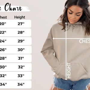 May include: Size chart for a hoodie with measurements in inches for chest and height. Sizes range from S to 5XL.
