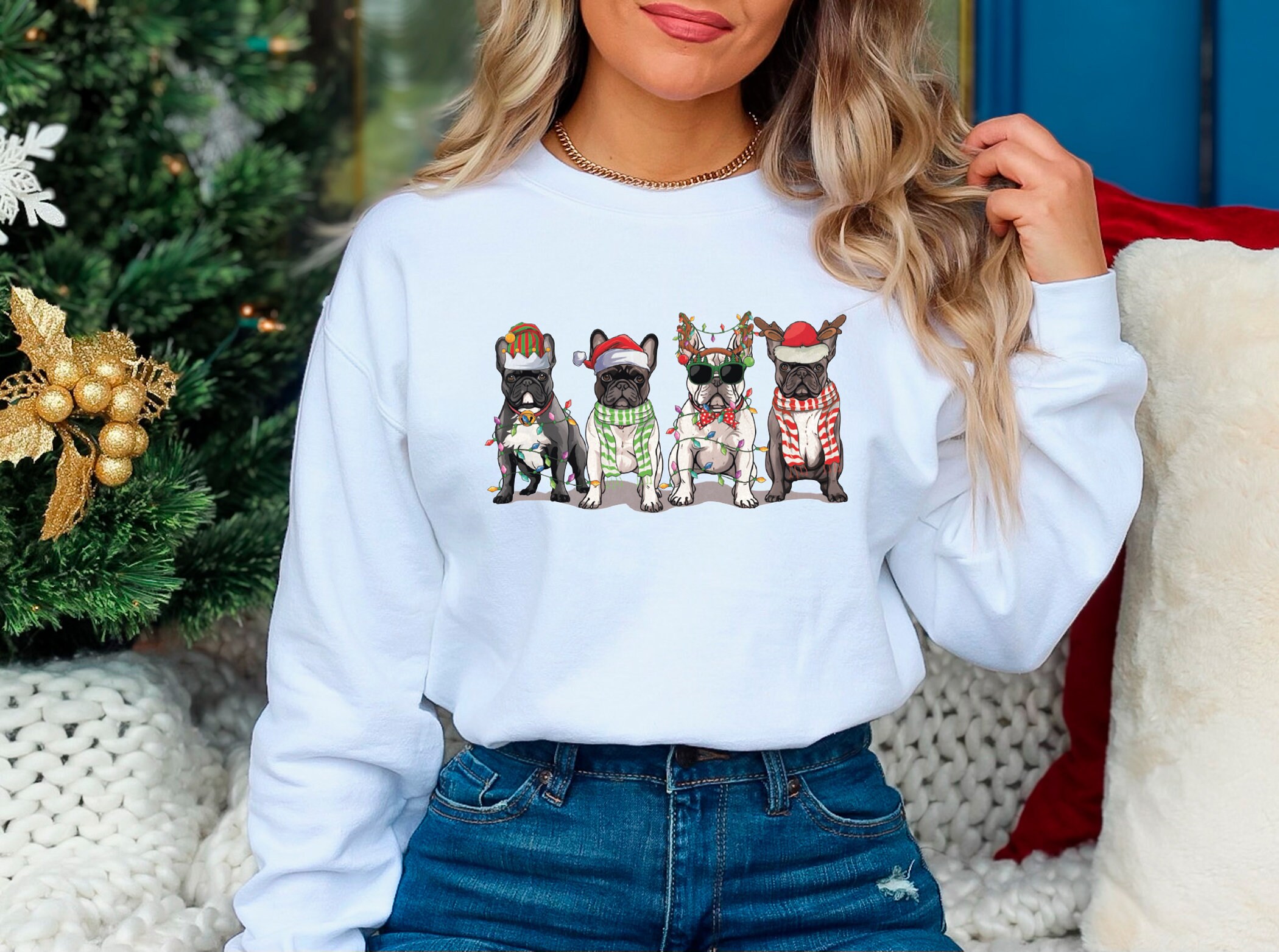 Natale Bulldog Francese Cagnolino IN Basket Donna Felpa