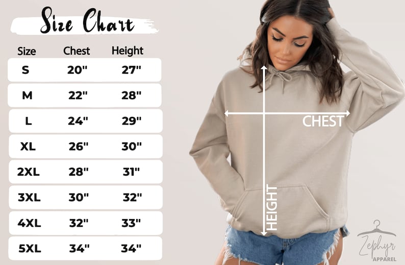 Op de afbeelding: Maattabel voor een hoodie met metingen in inches voor de borst en hoogte. De tabel toont maten van S tot 5XL.