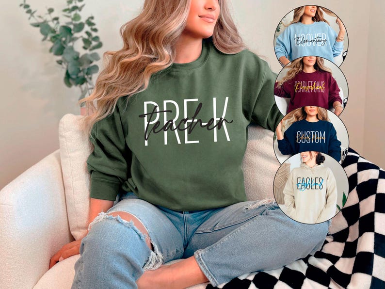 May include: A woman wearing a green sweatshirt with the text "Pre-K Teacher" in white lettering. She is sitting on a white couch with a black and white checkered pattern.
