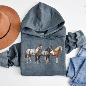 May include: A dark gray hooded sweatshirt with a graphic of three horses. The horses are brown, white, and black. The sweatshirt is made of a soft, comfortable material.