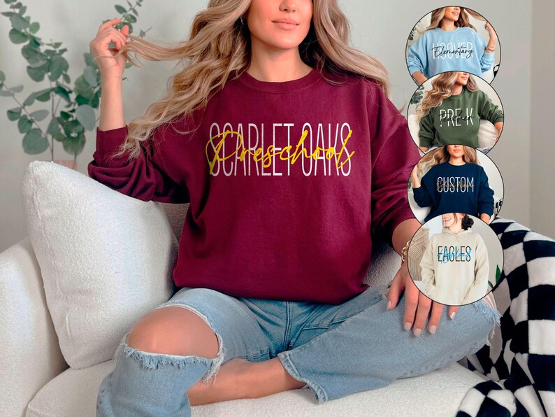 May include: A maroon sweatshirt with the text "Scarlet Oaks Preschool" in white and gold lettering.