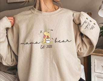 Custom Mama Bear Est. Sweatshirt - Mother's Day Gift - Cute Mama Hoodie - Mama Est with Kid Name on Sleeve - Personalized Mom Sweater