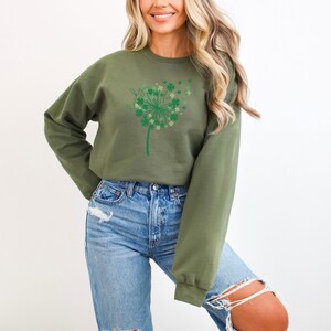 St. Patrick's Dandelion Sweatshirt - Lucky Dandelion Hoodie - St. Patrick Sweater - Women St. Patrick Hoodie - Lucky Shamrock Sweater Military Green