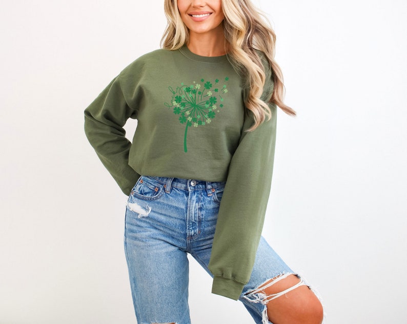 St. Patrick's Dandelion Sweatshirt - Lucky Dandelion Hoodie - St. Patrick Sweater - Women St. Patrick Hoodie - Lucky Shamrock Sweater Military Green