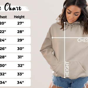 May include: Size chart for a hoodie with measurements in inches for chest and height. Sizes range from S to 5XL.