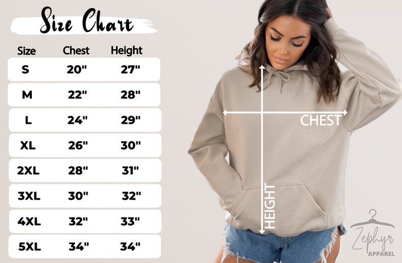May include: Size chart for a hoodie with measurements in inches for chest and height. Sizes range from S to 5XL.