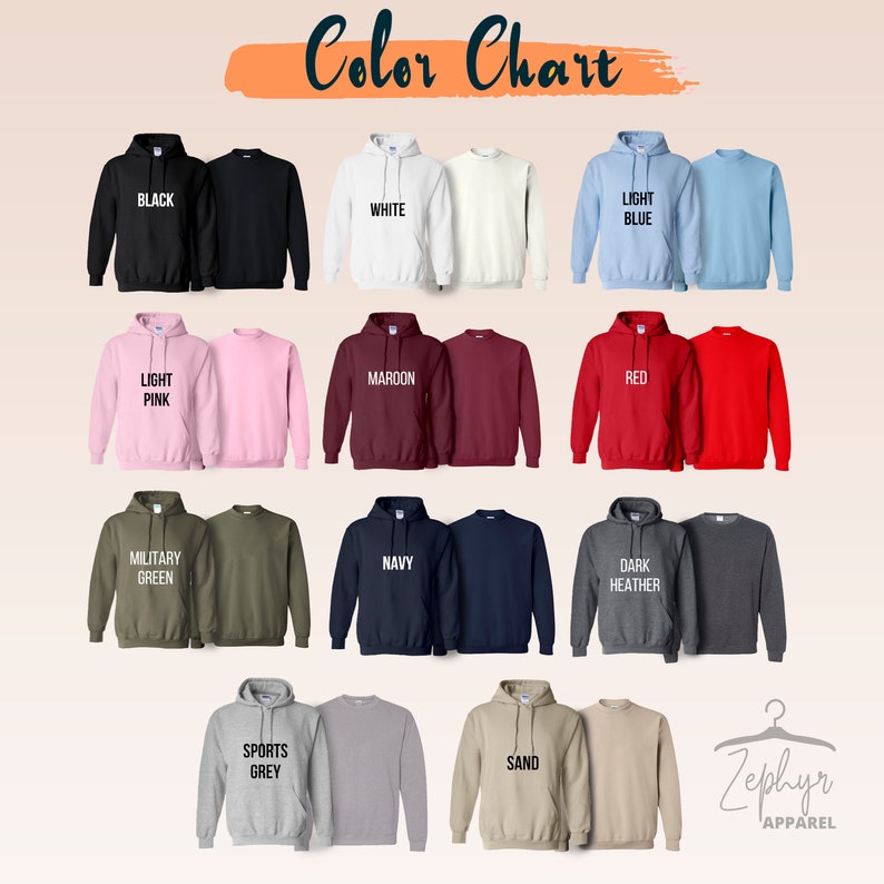 Op de afbeelding: Kleurenkaart met verschillende kleuren van hoodies. De kleuren omvatten zwart, wit, lichtblauw, lichtroze, bordeauxrood, rood, legergroen, marineblauw, donker grijs, sportgrijs en zand.