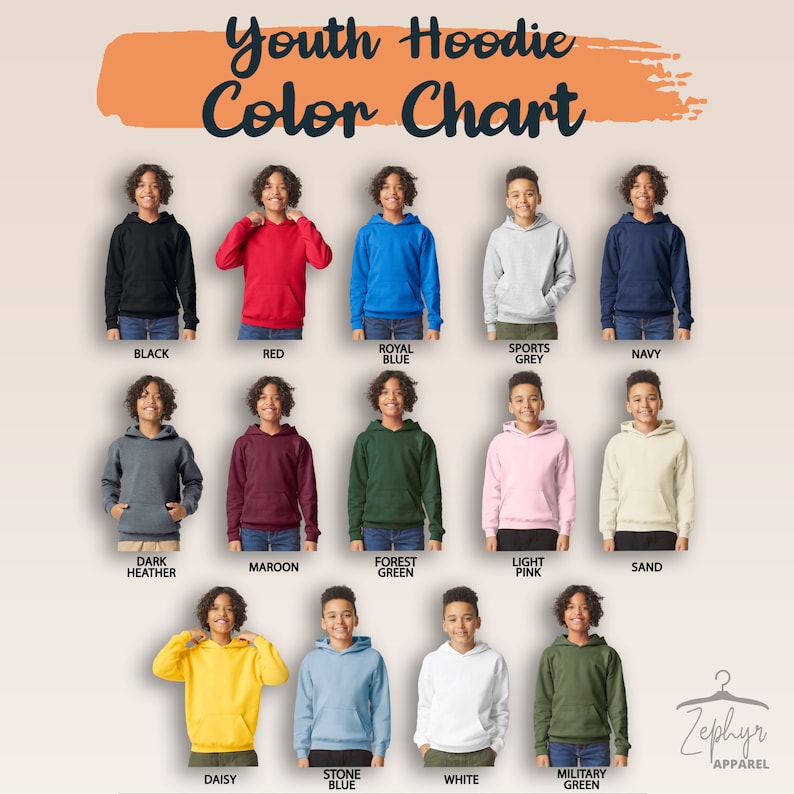 Classic Gildan Youth hoodie made from durable cotton blend fabric. Features spandex cuffs and bottom band for enhanced stretch and recovery and a comfortable hood for added warmth.