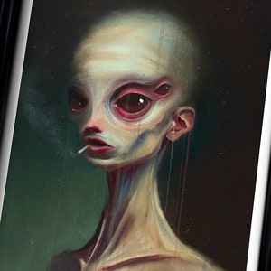 Creepy Portrait of an Alien Woman Artwork Print on A3 - Horror Portrait with 4 Eyes