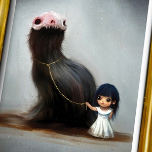 ファンタジーの生き物と小さな女の子のアートワーク A4 プリント - かわいい女の子と頭蓋骨のモンスター