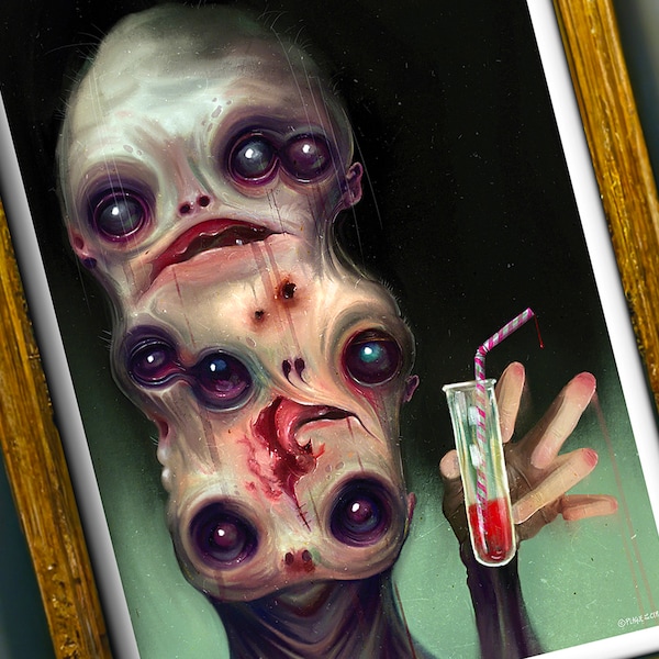 Gruselige Conjoined Heads Kunstdruck auf A3 - Dunkles Makabre Bild von Monster mit blutigem Getränk