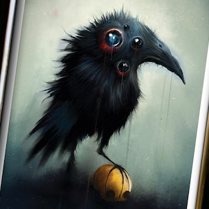Creepy Crow Artwork Print on A4 - Corvid Horror Art with 6 Eyes